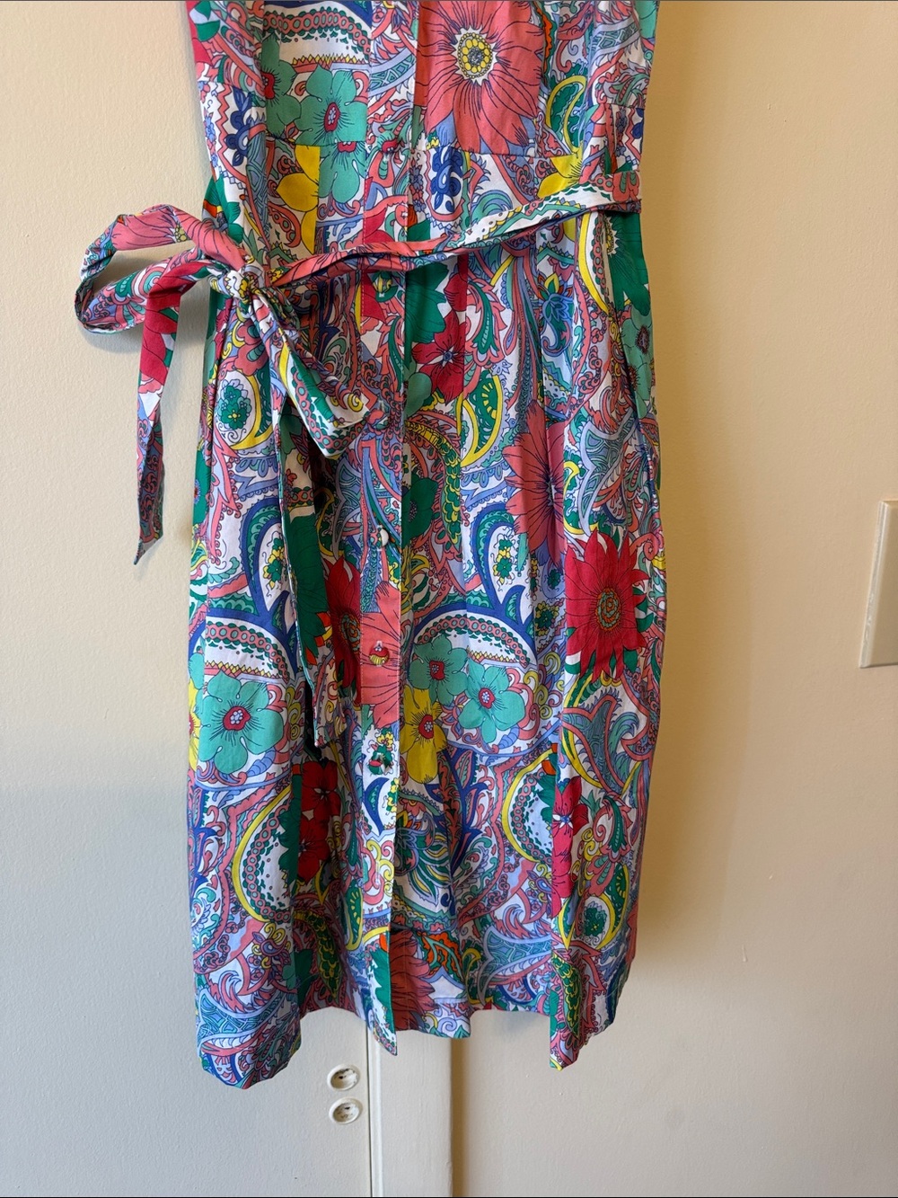 Talbots Sleeveless Paisley Floral Tie-Waist Midi Dress in Green, Pink and Yellow - Picture 4 of 9